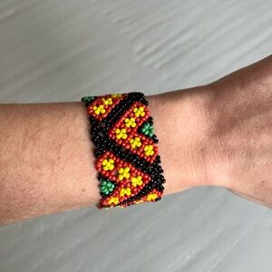 Huichol Style Colorful Beaded Bracelet Red Yellow Green Tribal